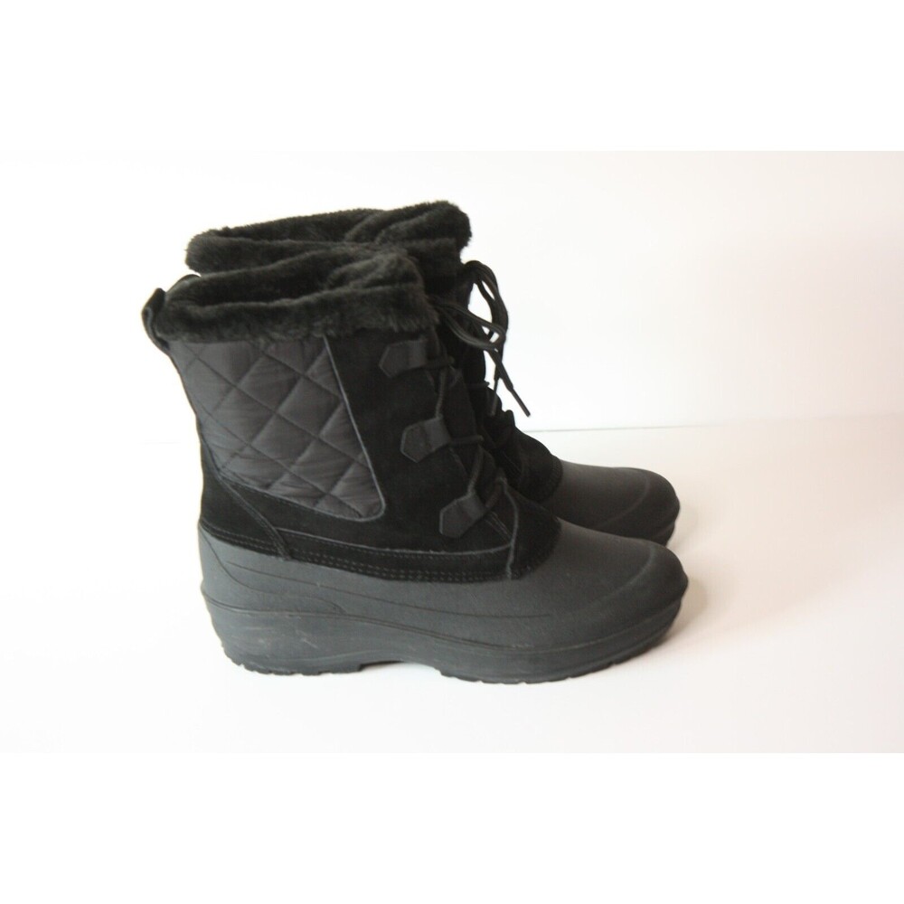 LANDS END Womens Snow Boots sz11 quilted Faux Fur SuedeTextile Mid Calf Black - Picture 2 of 5